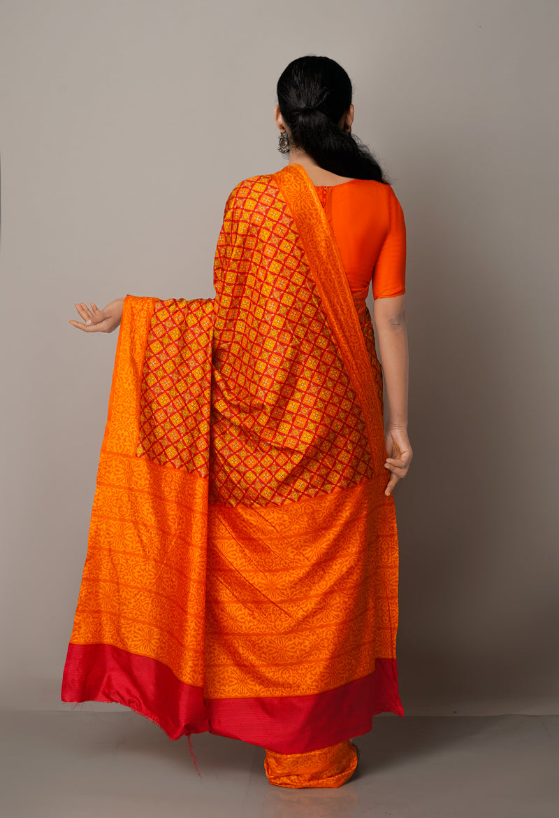 Red  Block Printed Mysore Soft Silk Saree