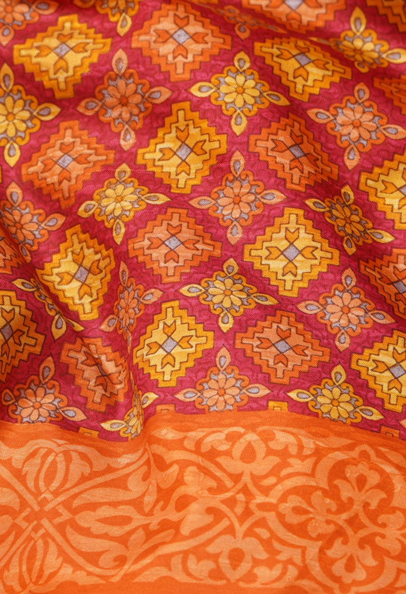 Red  Block Printed Mysore Soft Silk Saree