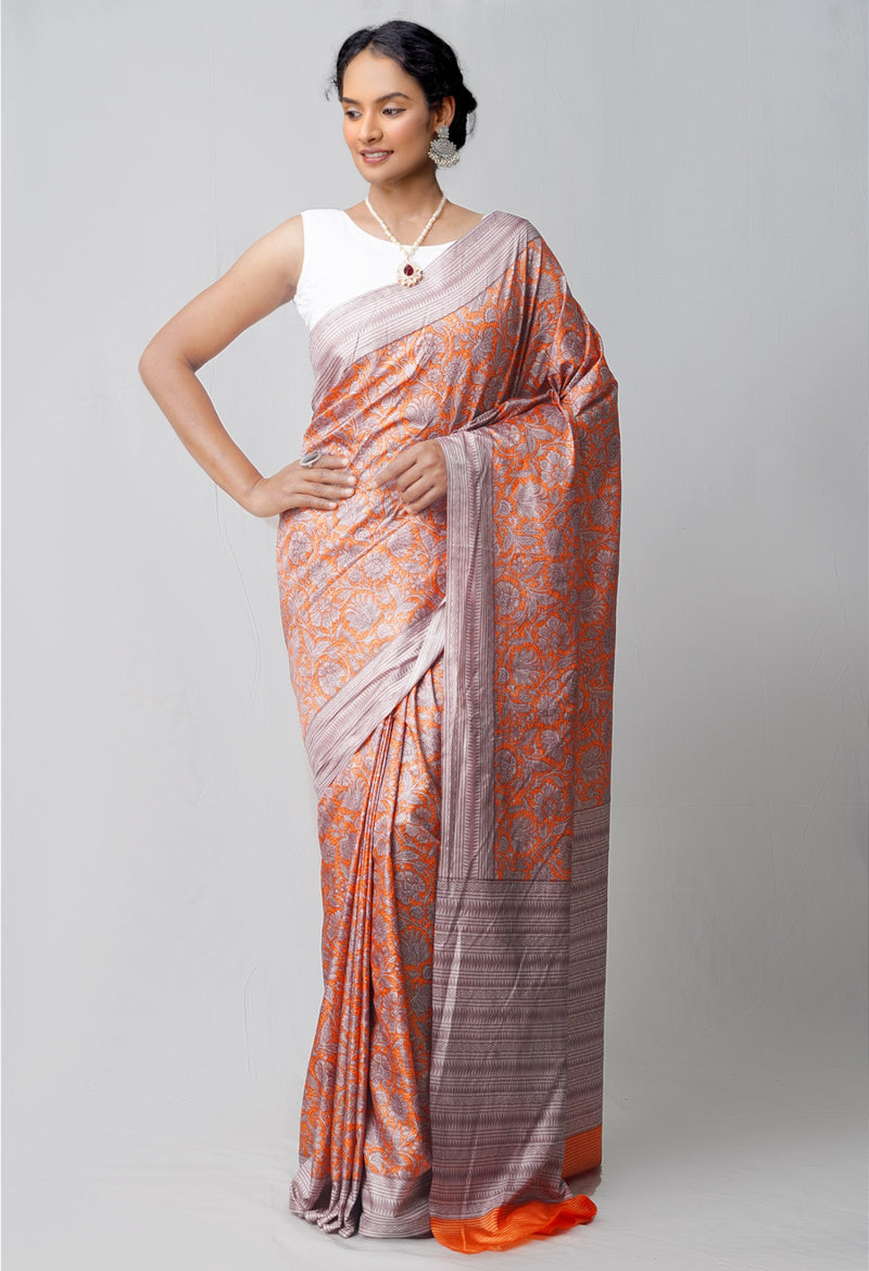 Orange  Block Printed Mysore Soft Silk Saree-UNM60399