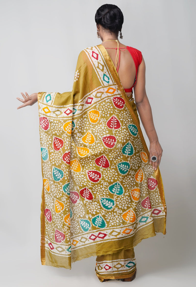 Online Shopping for Brown Pure Hand Batik Mulmul Cotton Saree with Batik from Rajasthan at Unnatisilks.comIndia
