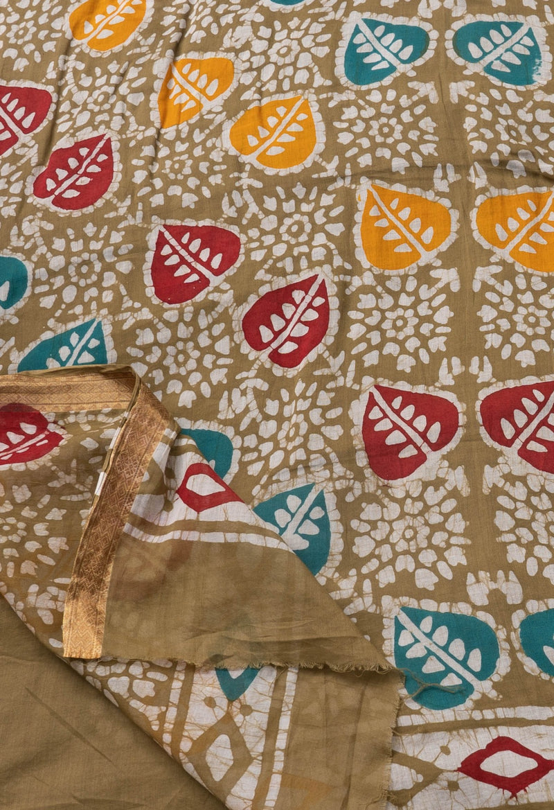 Brown Pure Hand Batik Mulmul Cotton Saree