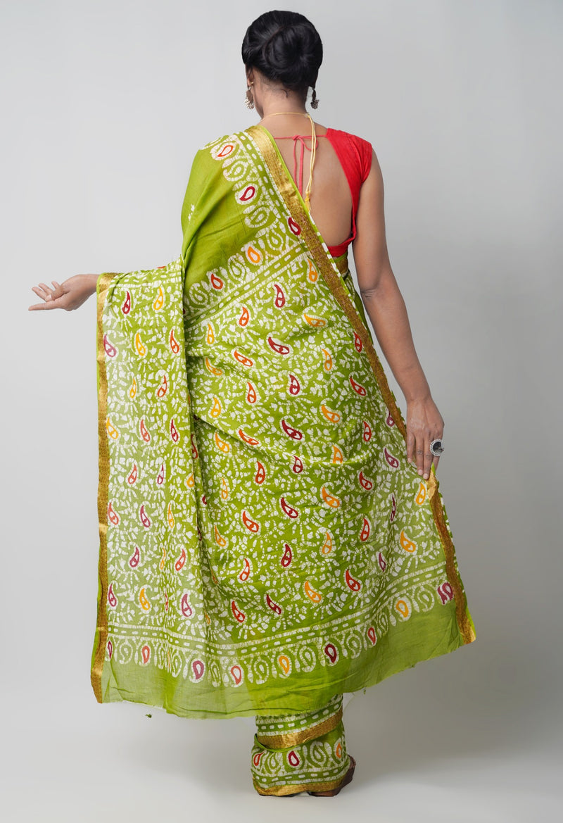 Online Shopping for Green Pure Hand Batik Mulmul Cotton Saree with Batik from Rajasthan at Unnatisilks.comIndia
