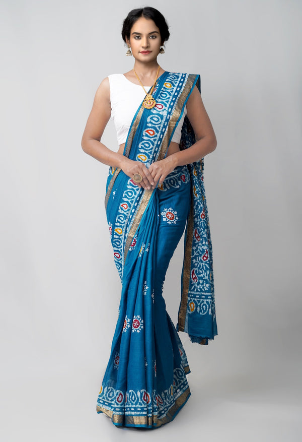 Online Shopping for Teal Blue Pure Hand Batik Mulmul Cotton Saree with Batik from Rajasthan at Unnatisilks.comIndia
