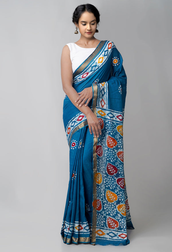 Online Shopping for Teal Blue Pure Hand Batik Mulmul Cotton Saree with Batik from Rajasthan at Unnatisilks.comIndia
