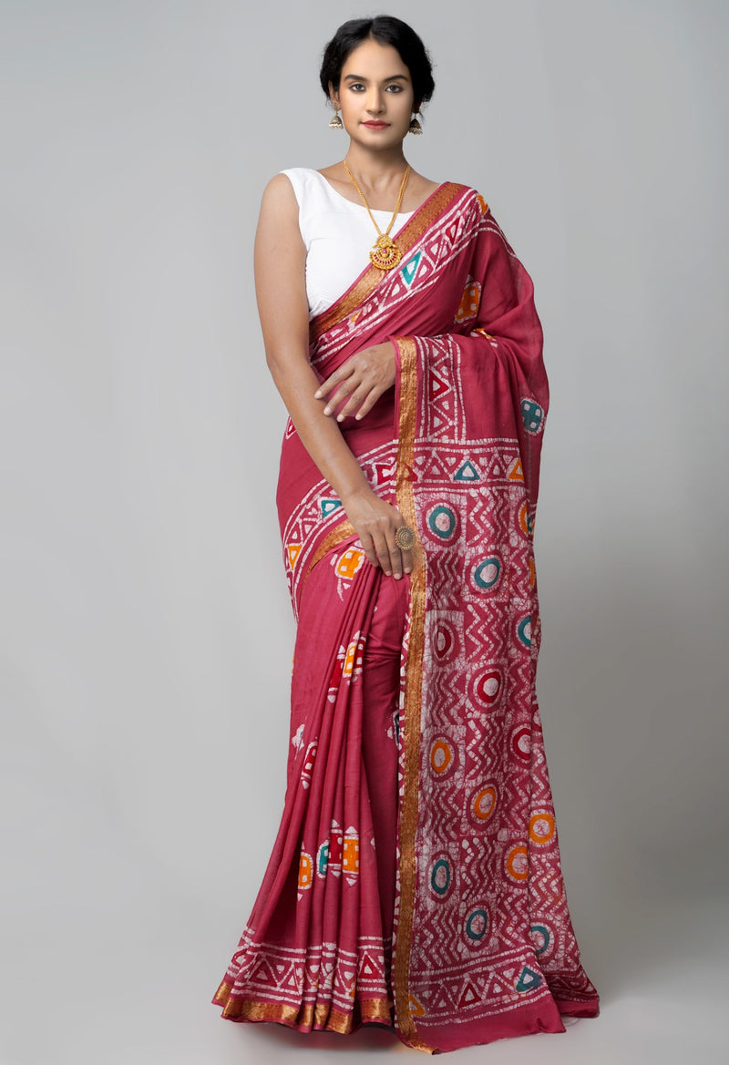 Online Shopping for Pink Pure Hand Batik Mulmul Cotton Saree with Batik from Rajasthan at Unnatisilks.comIndia
