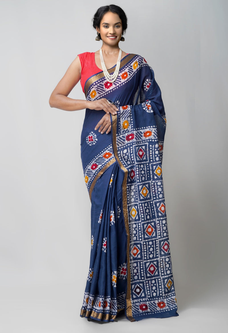 Online Shopping for Navy Blue Pure Hand Batik Mulmul Cotton Saree with Batik from Rajasthan at Unnatisilks.comIndia
