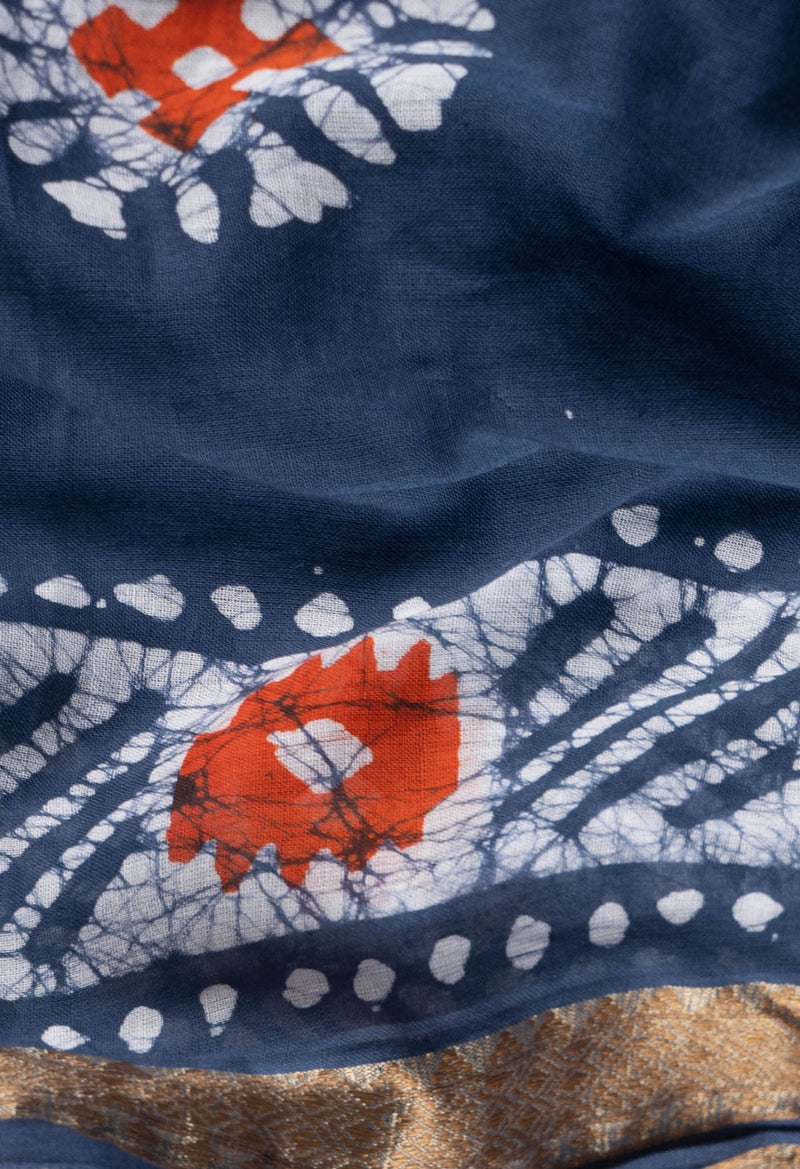 Navy Blue Pure Hand Batik Mulmul Cotton Saree