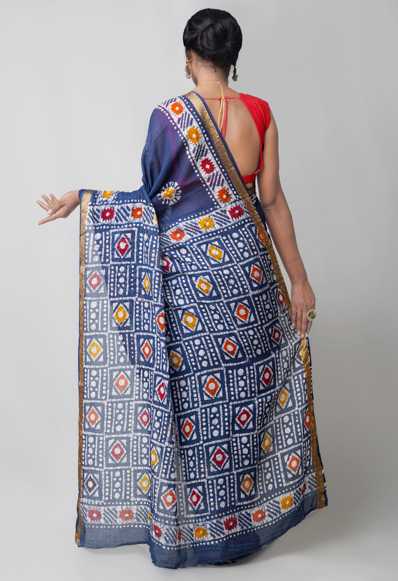 Online Shopping for Navy Blue Pure Hand Batik Mulmul Cotton Saree with Batik from Rajasthan at Unnatisilks.comIndia
