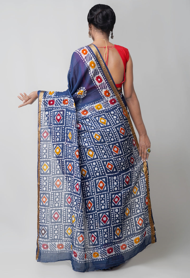 Online Shopping for Navy Blue Pure Hand Batik Mulmul Cotton Saree with Batik from Rajasthan at Unnatisilks.comIndia
