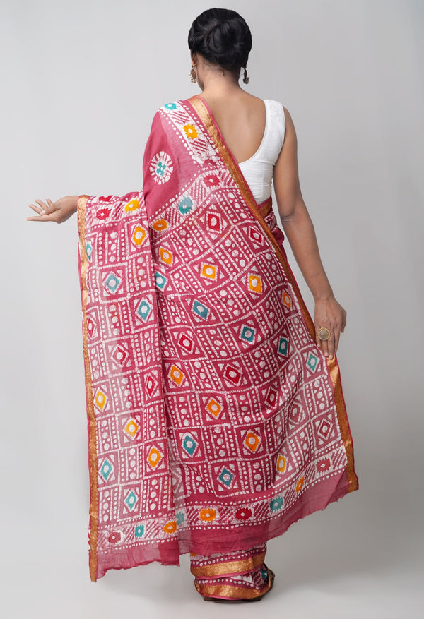 Online Shopping for Pink Pure Hand Batik Mulmul Cotton Saree with Batik from Rajasthan at Unnatisilks.comIndia
