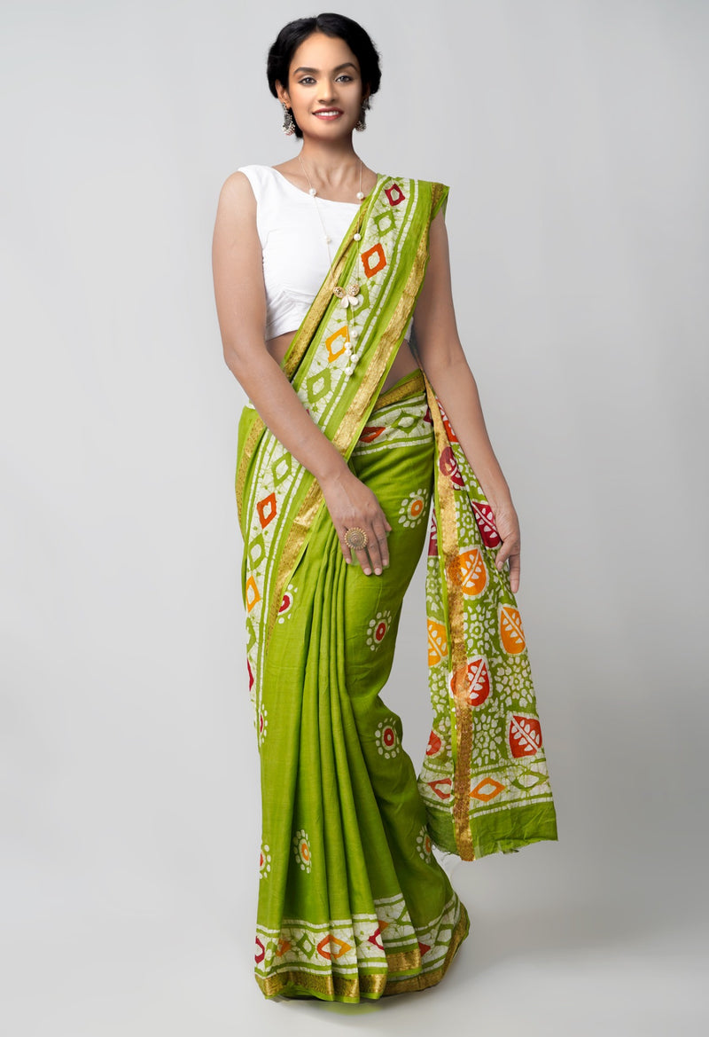 Online Shopping for Green Pure Hand Batik Mulmul Cotton Saree with Batik from Rajasthan at Unnatisilks.comIndia
