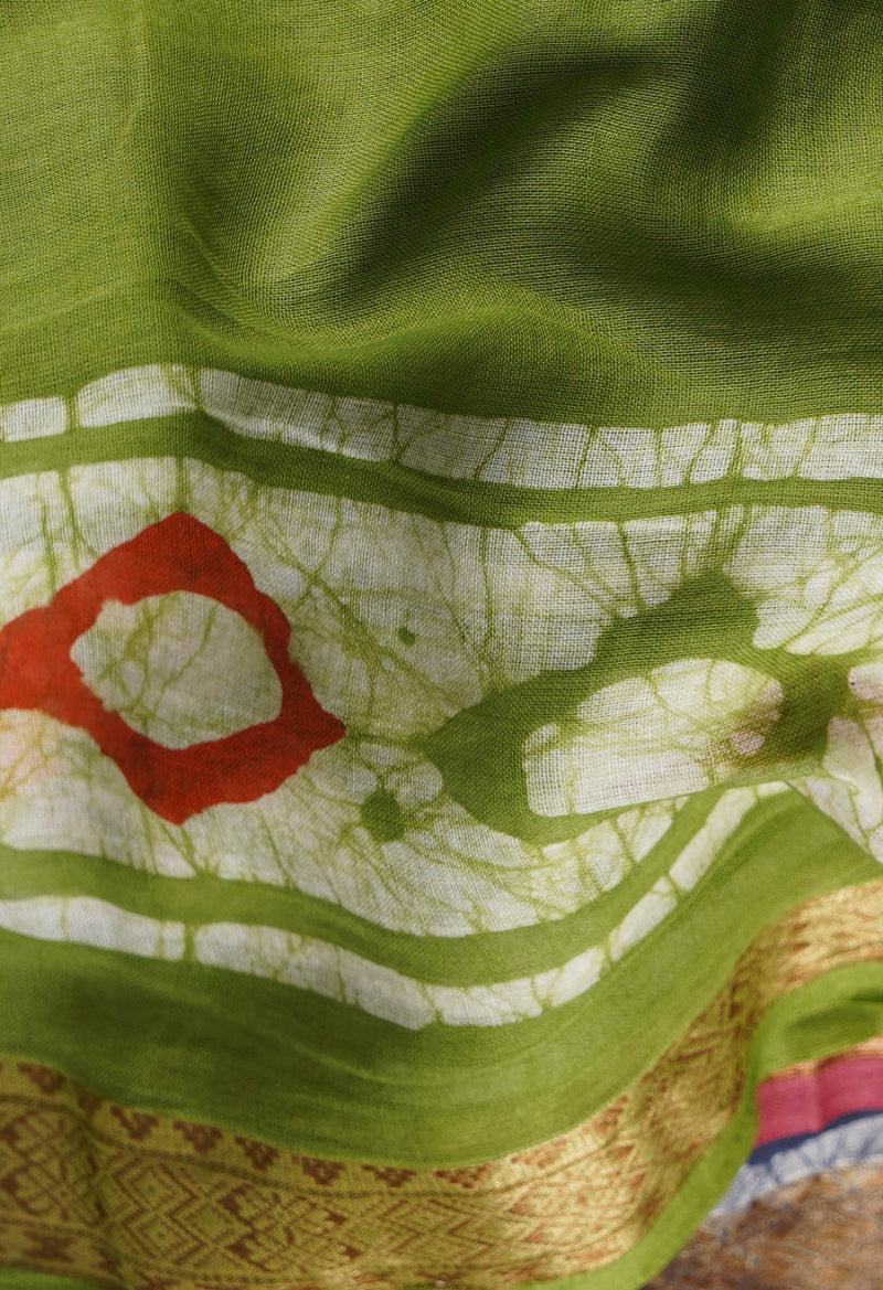 Online Shopping for Green Pure Hand Batik Mulmul Cotton Saree with Batik from Rajasthan at Unnatisilks.comIndia
