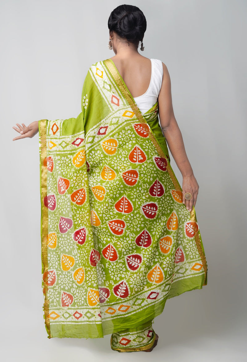 Online Shopping for Green Pure Hand Batik Mulmul Cotton Saree with Batik from Rajasthan at Unnatisilks.comIndia

