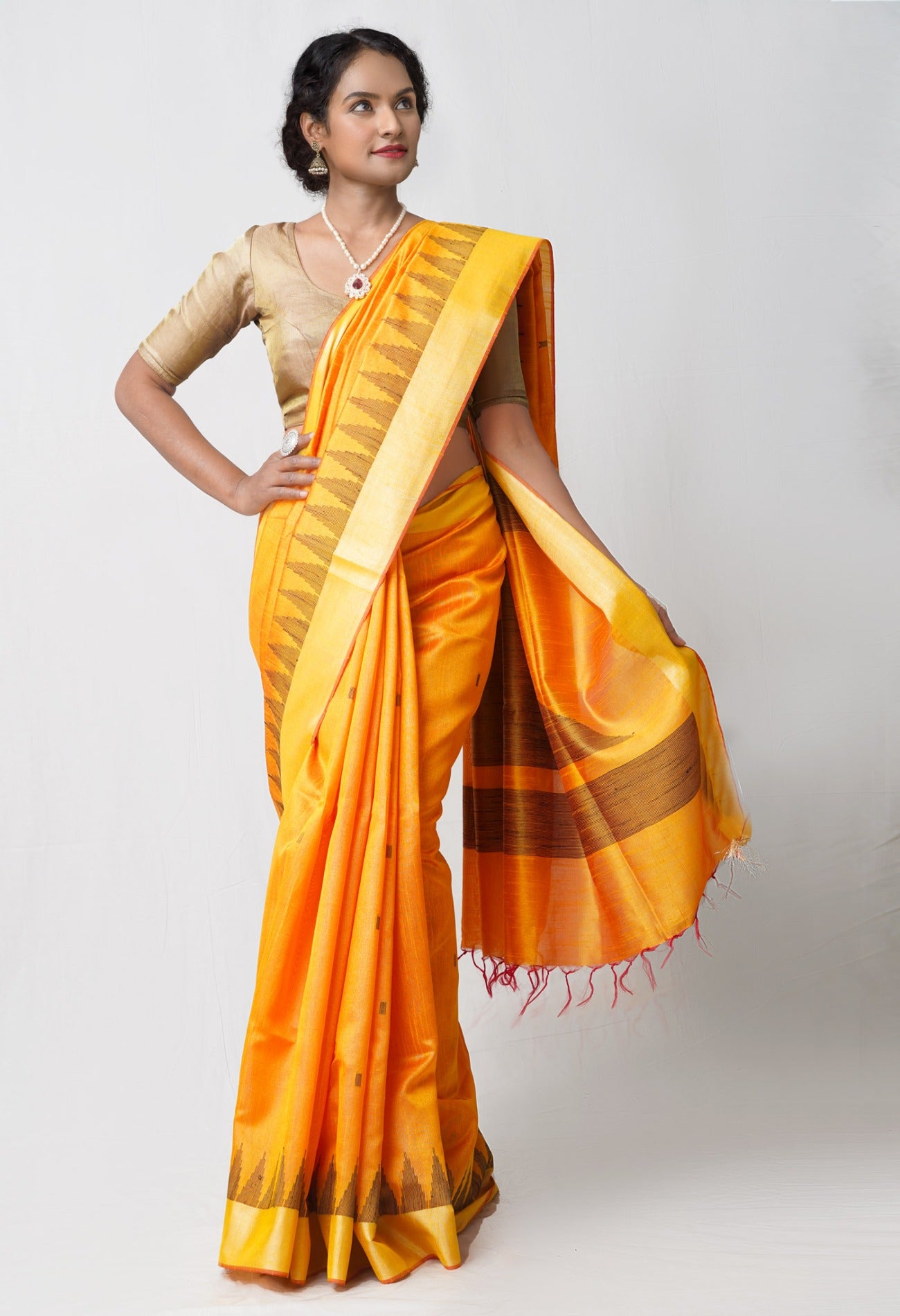 Online Shopping for Orange  Bengal Linen Saree with Weaving from West Bengal at Unnatisilks.comIndia
