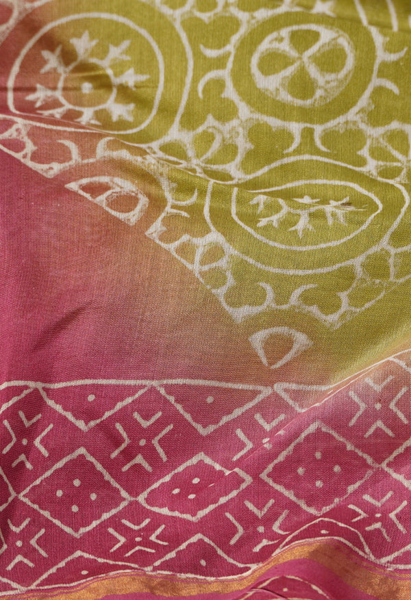 Green Pure Hand Block Printed Chanderi Sico Saree-unm60457