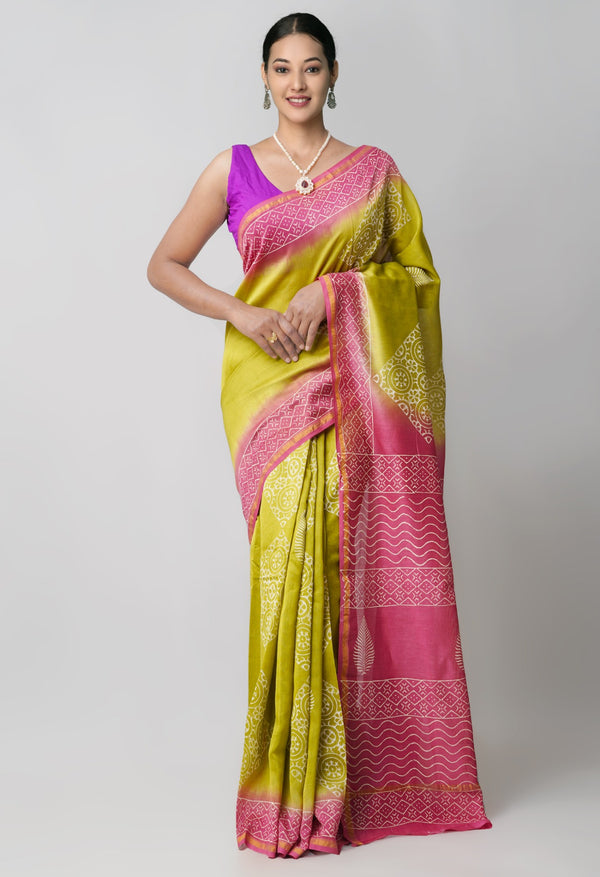 Green Pure Hand Block Printed Chanderi Sico Saree-unm60457