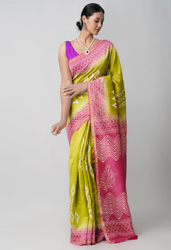 Green Pure Hand Block Printed Chanderi Sico Saree-unm60458