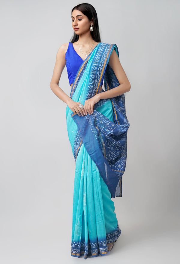 Blue Pure Hand Block Printed Chanderi Sico Saree