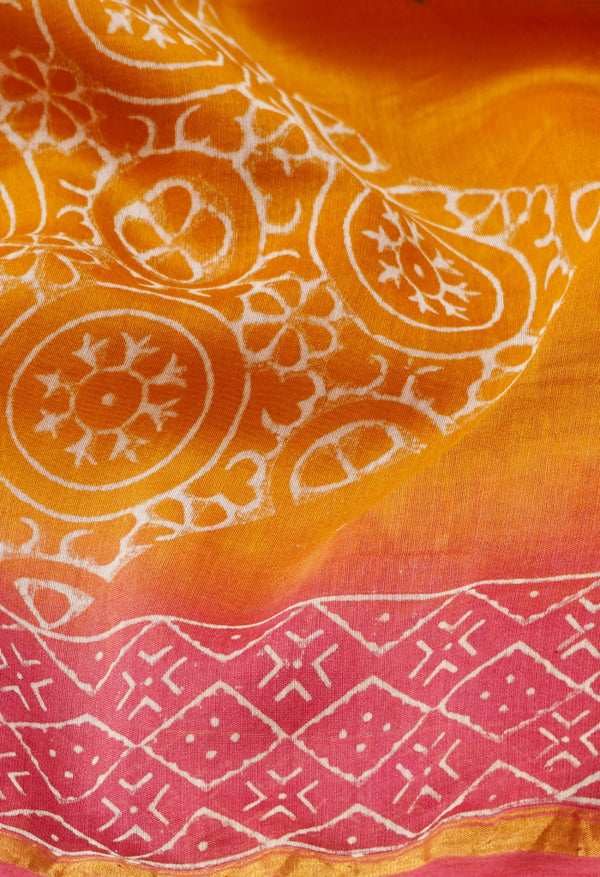 Brown Pure Hand Block Printed Chanderi Sico Saree
