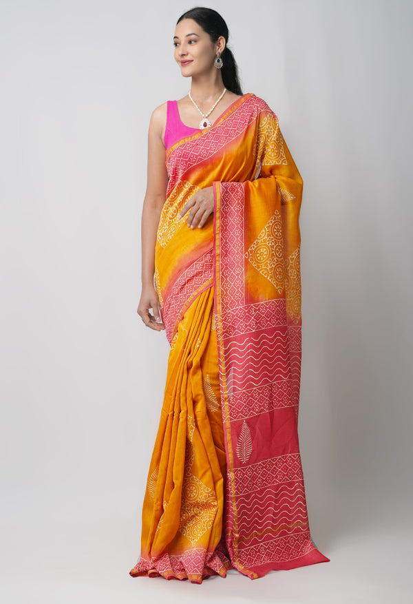 Brown Pure Hand Block Printed Chanderi Sico Saree