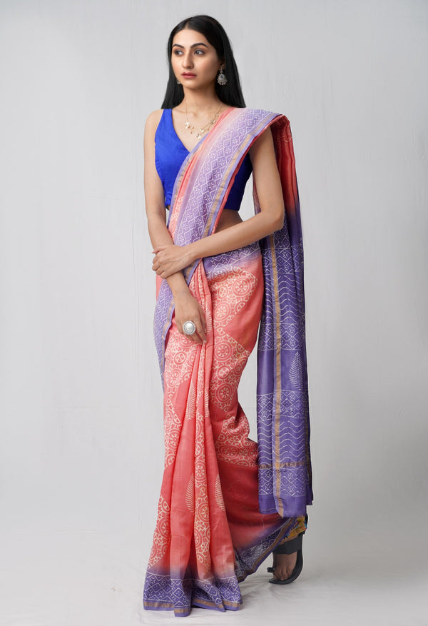 Red Pure Hand Block Printed Chanderi Sico Saree-UNM60467