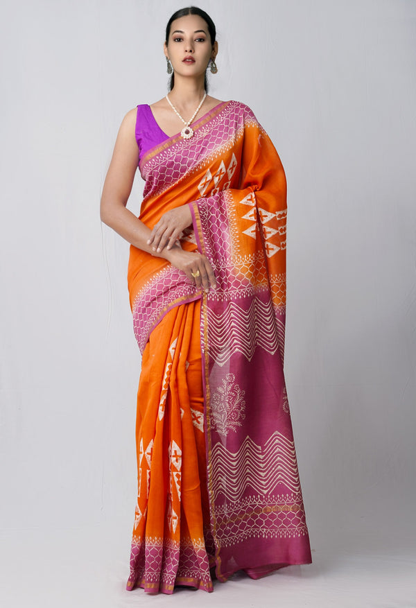 Orange Pure Hand Block Printed Chanderi Sico Saree