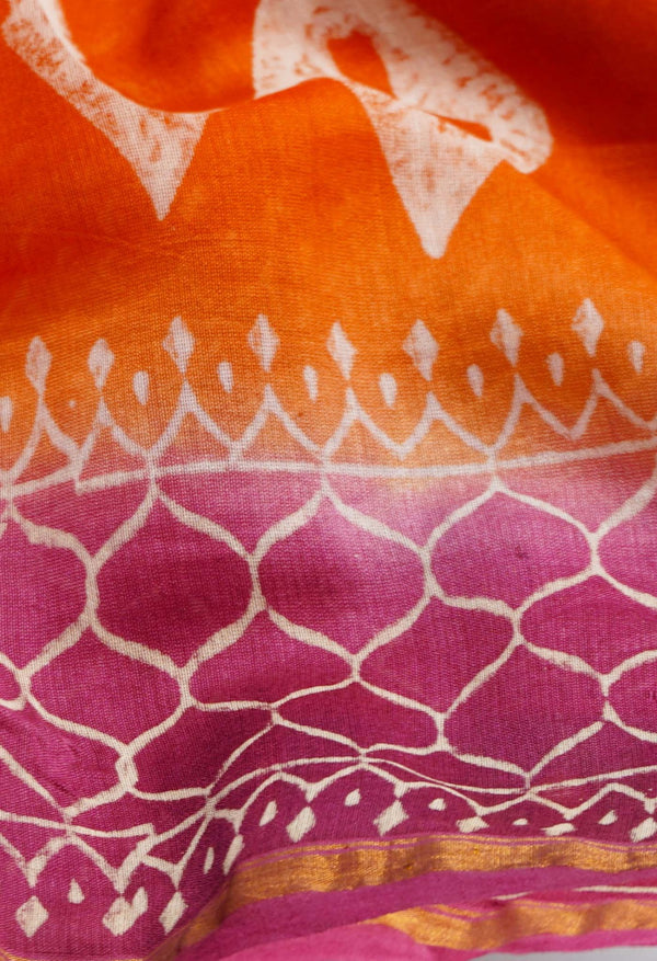 Orange Pure Hand Block Printed Chanderi Sico Saree