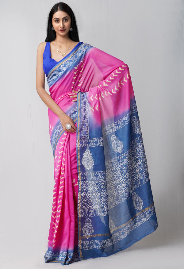 Pink Pure Hand Block Printed Chanderi Sico Saree-unm60470