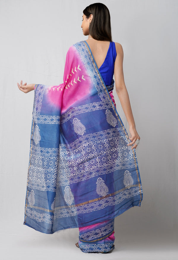 Online Shopping for Pink Pure Hand Block Printed Chanderi Sico Saree with Hand Block Prints from Chhattisgarh at Unnatisilks.comIndia
