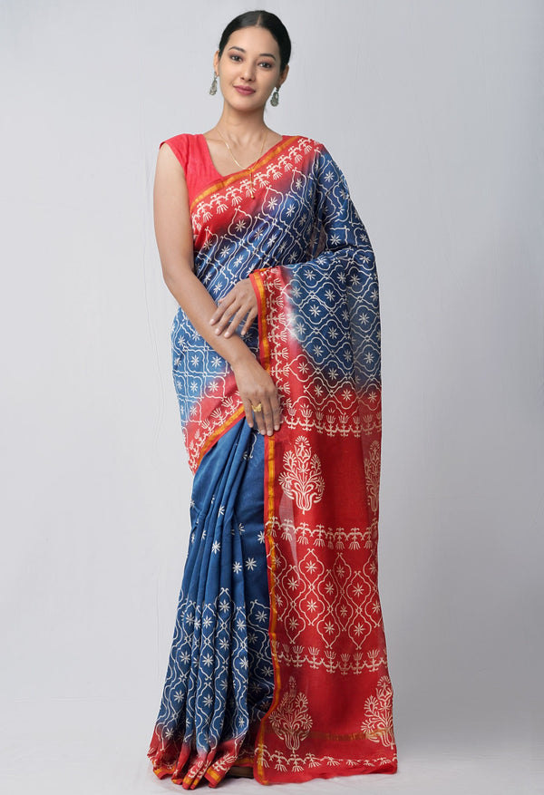 Indigo Blue Pure Hand Block Printed Chanderi Sico Saree-unm60471