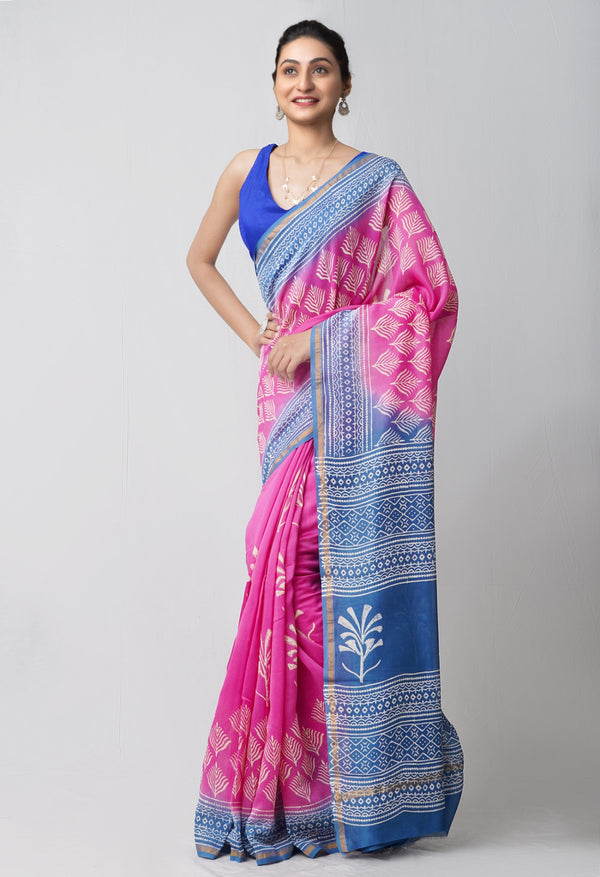 Pink Pure Hand Block Printed Chanderi Sico Saree-UNM60472