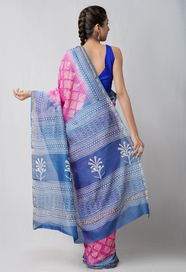 Online Shopping for Pink Pure Hand Block Printed Chanderi Sico Saree with Hand Block Prints from Chhattisgarh at Unnatisilks.comIndia
