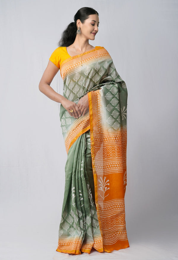 Green Pure Hand Block Printed Chanderi Sico Saree