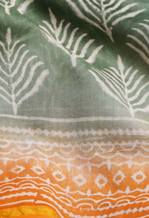 Green Pure Hand Block Printed Chanderi Sico Saree