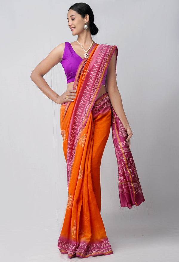 Online Shopping for Orange Pure Hand Block Printed Chanderi Sico Saree with Hand Block Prints from Chhattisgarh at Unnatisilks.comIndia

