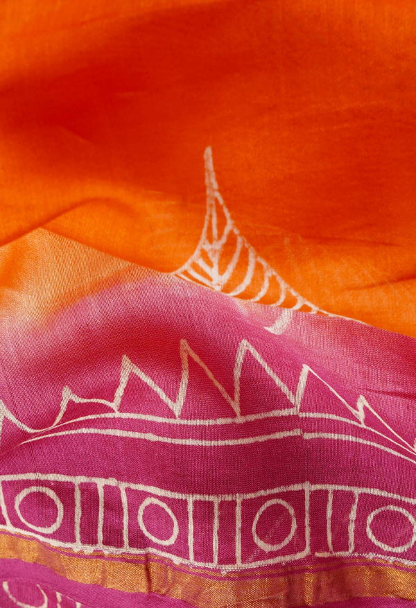 Orange Pure Hand Block Printed Chanderi Sico Saree