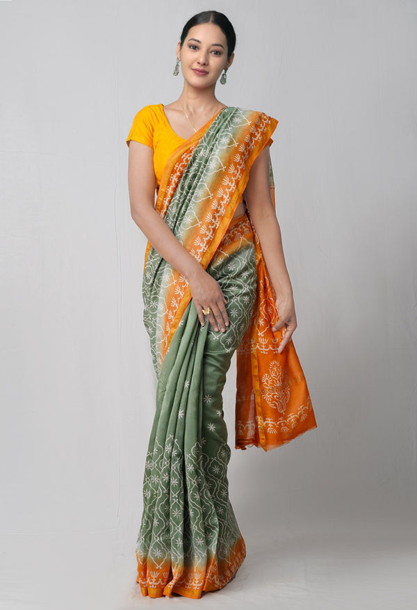 Green Pure Hand Block Printed Chanderi Sico Saree
