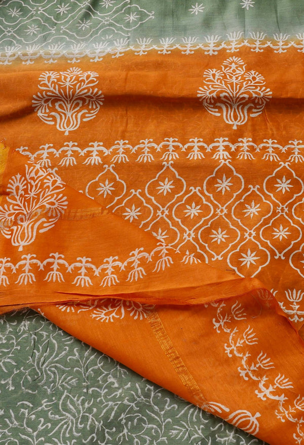 Green Pure Hand Block Printed Chanderi Sico Saree
