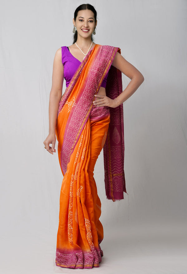 Orange Pure Hand Block Printed Chanderi Sico Saree