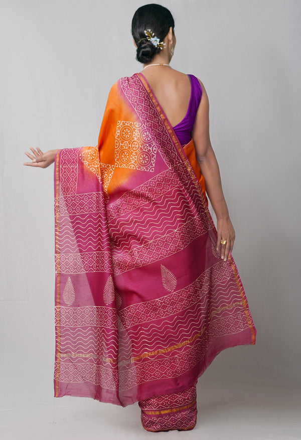Online Shopping for Orange Pure Hand Block Printed Chanderi Sico Saree with Hand Block Prints from Chhattisgarh at Unnatisilks.comIndia
