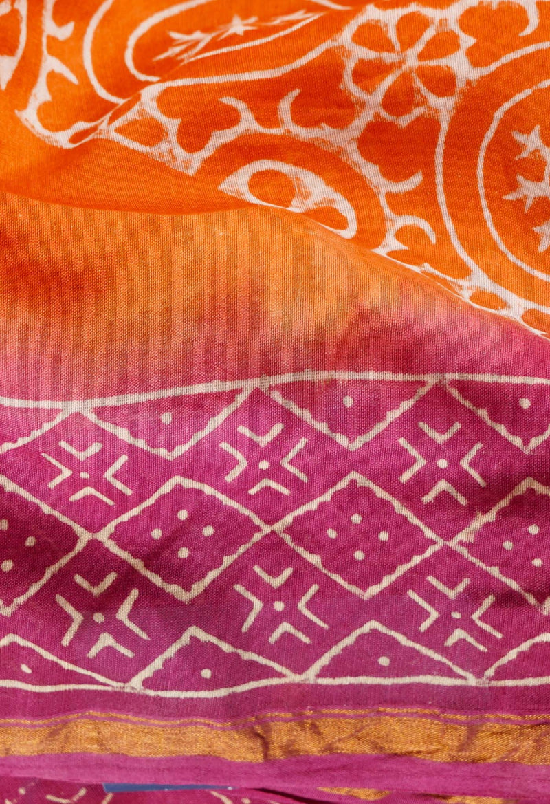 Orange Pure Hand Block Printed Chanderi Sico Saree