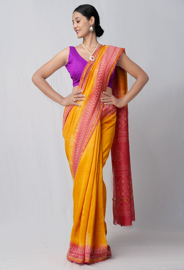 Online Shopping for Orange Pure Hand Block Printed Chanderi Sico Saree with Hand Block Prints from Chhattisgarh at Unnatisilks.comIndia
