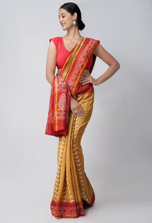 Brown Pure Hand Block Printed Chanderi Sico Saree-unm60478