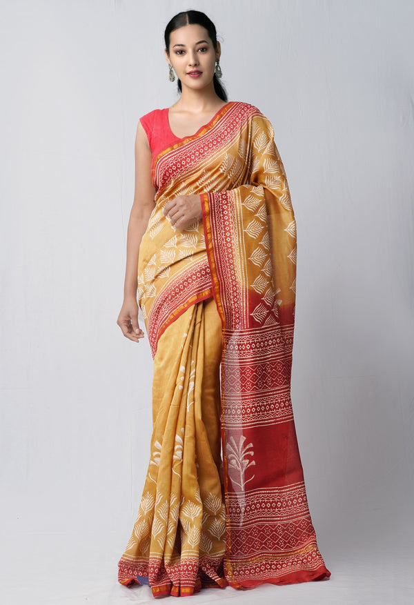 Brown Pure Hand Block Printed Chanderi Sico Saree