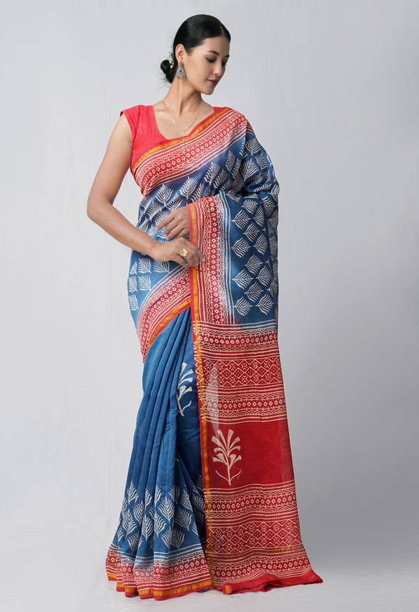 Online Shopping for Indigo Blue Pure Hand Block Printed Chanderi Sico Saree with Hand Block Prints from Chhattisgarh at Unnatisilks.comIndia
