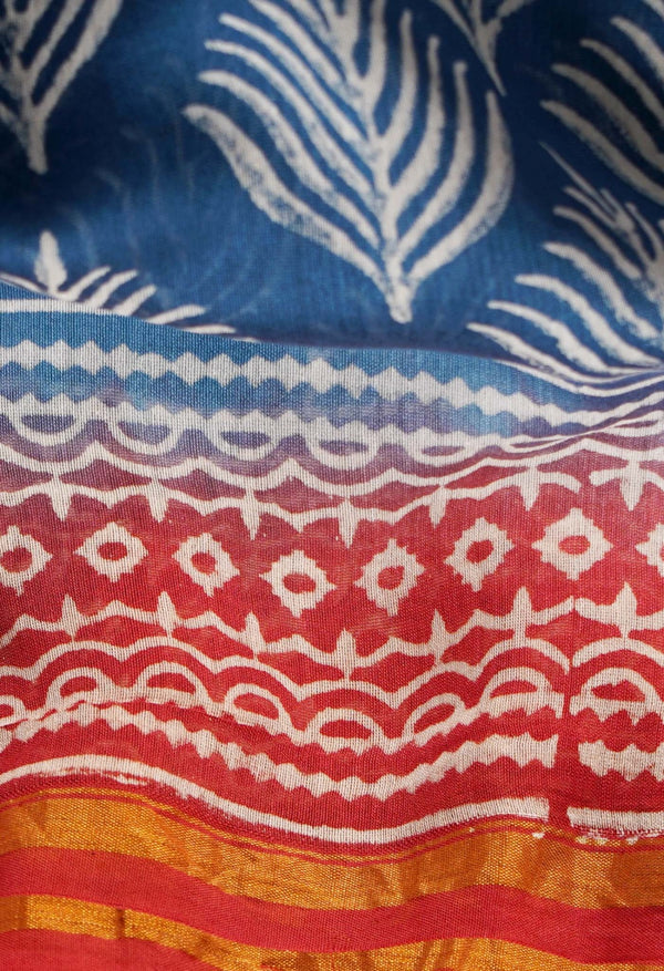 Indigo Blue Pure Hand Block Printed Chanderi Sico Saree