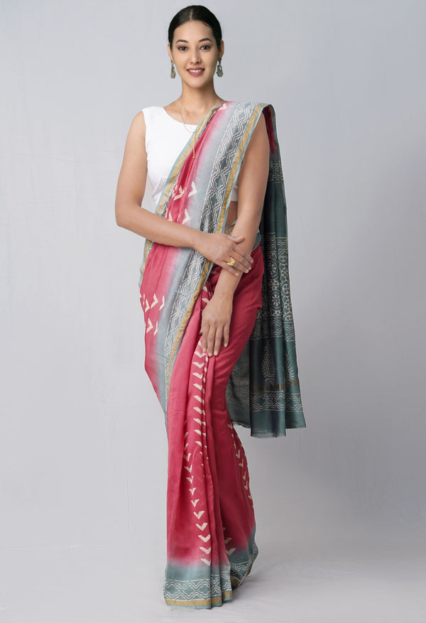 Maroon Pure Hand Block Printed Chanderi Sico Saree-unm60483