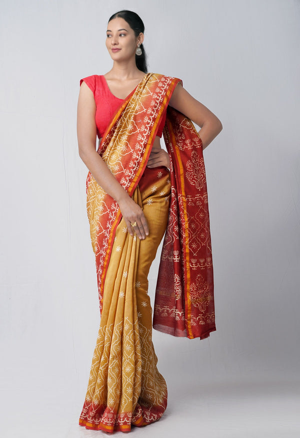 Brown Pure Hand Block Printed Chanderi Sico Saree-UNM60484