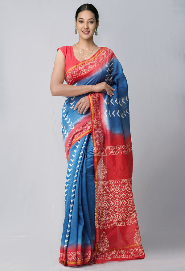 Online Shopping for Indigo Blue Pure Hand Block Printed Chanderi Sico Saree with Hand Block Prints from Chhattisgarh at Unnatisilks.comIndia
