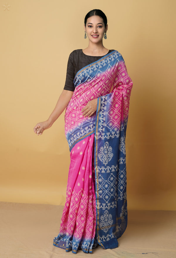 Pink Pure Hand Block Printed Chanderi Sico Saree-unm60486
